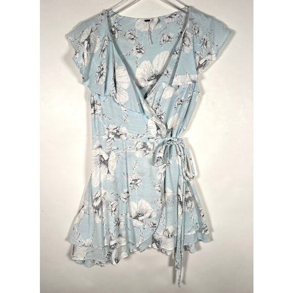 Free People French Quarter Mini Wrap Dress S Blue Floral Ruffles Tie Waist - Picture 2 of 8